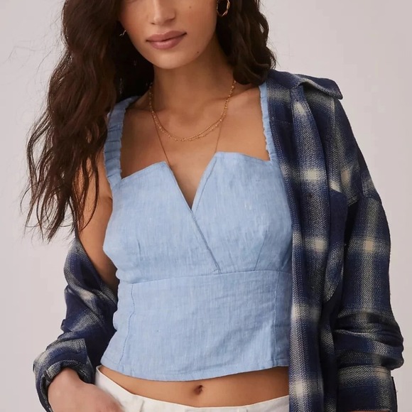 Anthropologie Linen Utility Corset Top Blue Smocked Bib Cropped Square Neck S - Picture 1 of 15
